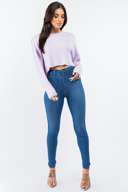 LONG SLEEVE SOLID RIBBED CROP TOP