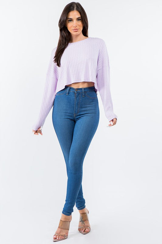 LONG SLEEVE SOLID RIBBED CROP TOP
