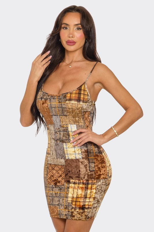 BOHO Plaid Velvet Mini Dress