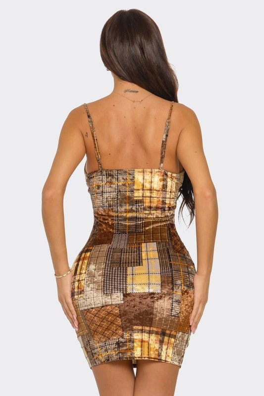 BOHO Plaid Velvet Mini Dress