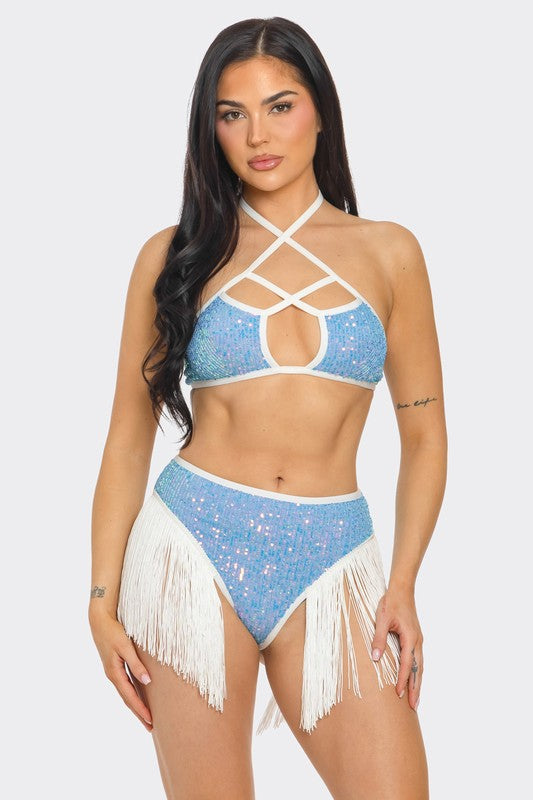 Sequin Rave Top and Fringe Bottoms Set
